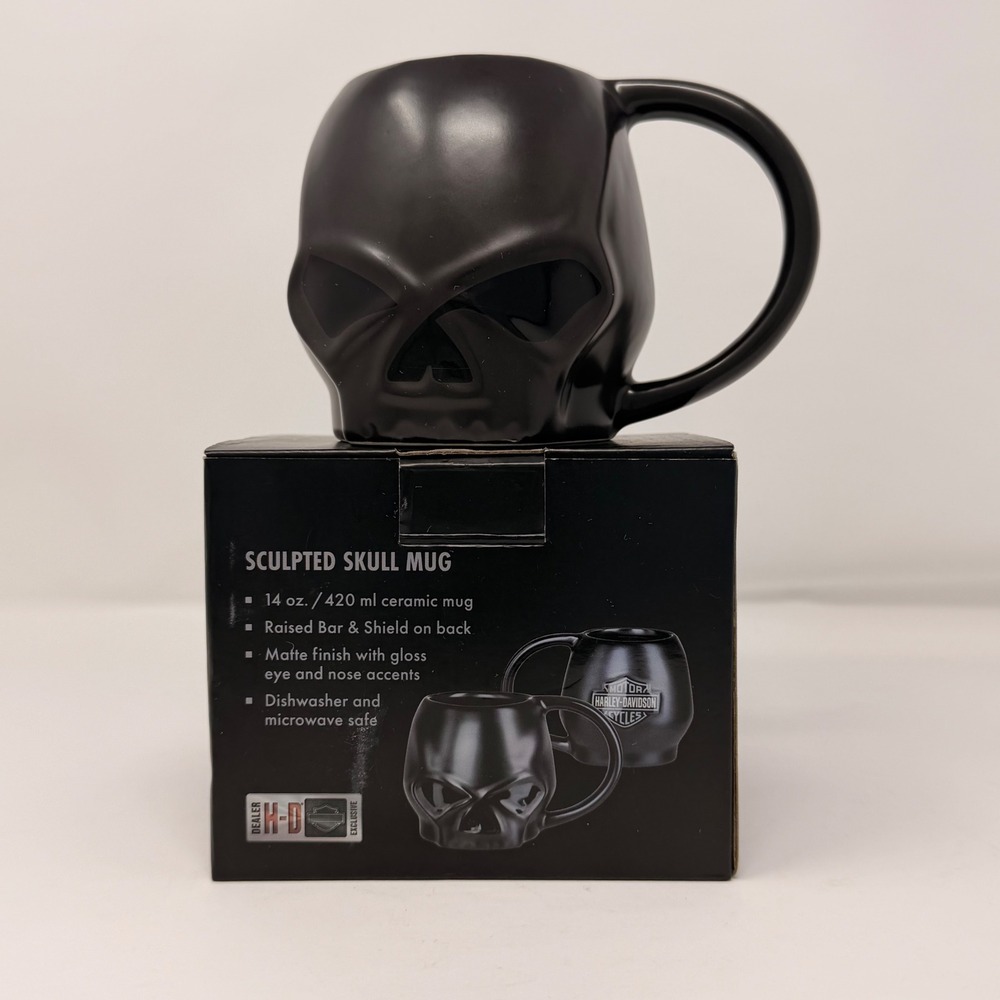 Harley-Davidson Matte Black Sculpted Skull Mug 14oz NIB Raised Bar & Shield - Picture 7 of 11